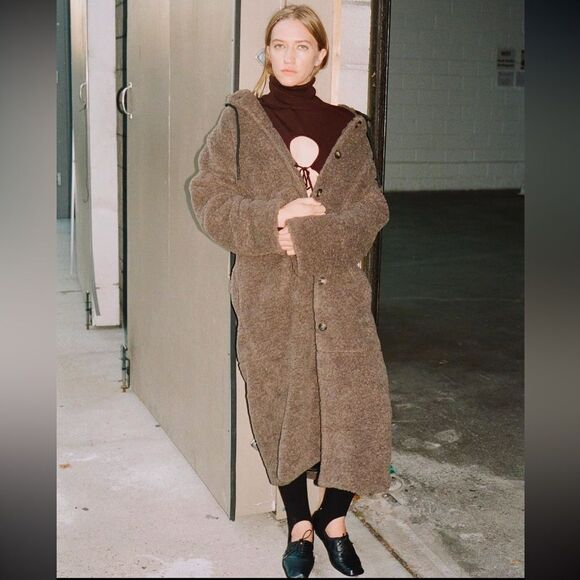 NWT THAKOON Brown Oversized Hooded Wool Blend Long Shearling Coat size XS - Picture 1 of 11
